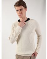 White Ribbed Self Design Round Neck Cotton Pullover Ribbed Sweater