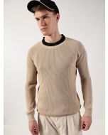 Cream Ribbed Self Design Round Neck Cotton Pullover Ribbed Sweater