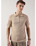 Cream Regular Fit Short Sleeves Textured Tshirt