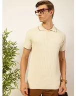 Men Off White Cotton Regular Fit Polo Tshirt