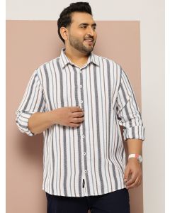 White Plus Size Regular Fit Long Sleeves Spread Collar Multi Stripes 100% Cotton Casual Shirt