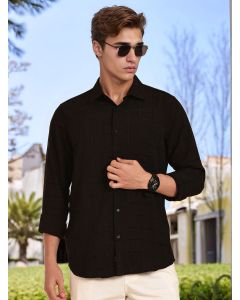 Black Regular Fit Long Sleeves Spread Collar Windowpane Checks Casual Shirt