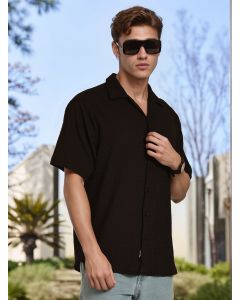 Black Regular Fit Short Sleeves Cuban Collar Seersucker Shirt