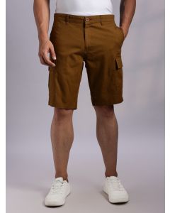 Brown Mid-Rise Regular Fit Solid Woven Linen Cargo Shorts