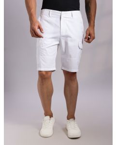 White Mid-Rise Regular Fit Solid Woven Cargo Shorts