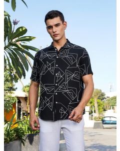 Black Regular Fit Short Sleeves Spread Collar Embroidered Shirt