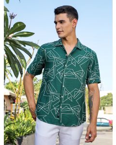 Green Regular Fit Short Sleeves Spread Collar Embroidered Shirt