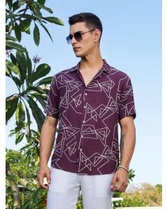 Wine Regular Fit Short Sleeves Spread Collar Embroidered Shirt
