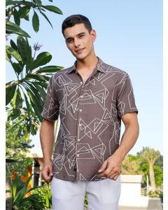 Brown Regular Fit Short Sleeves Spread Collar Embroidered Shirt