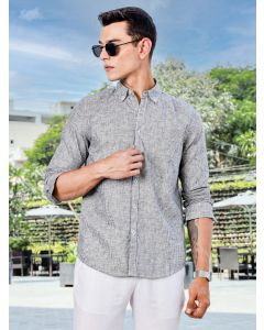 Black Slim Fit Long Sleeves Pinstripes Linen Casual Shirt