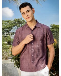 Mauve Slim Fit Short Sleeves Horizontal Stripes Casual Shirt
