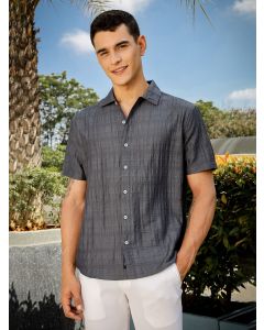 Grey Slim Fit Short Sleeves Horizontal Stripes Casual Shirt