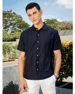 Navy Slim Fit Short Sleeves Horizontal Stripes Casual Shirt