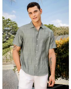 Green Slim Fit Short Sleeves Horizontal Stripes Casual Shirt