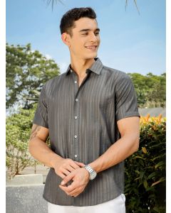 Grey Slim Fit Short Sleeves Vertical Stripes Casual Shirt