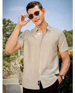 Cream Slim Fit Short Sleeves Vertical Stripes Casual Shirt