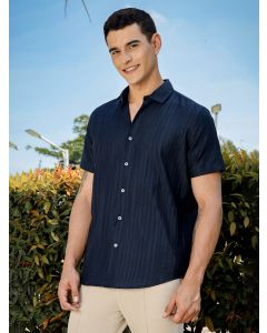 Navy Slim Fit Short Sleeves Vertical Stripes Casual Shirt