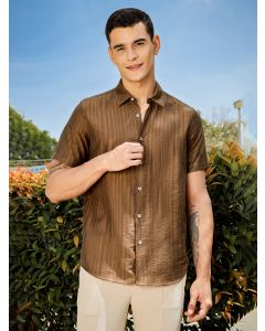 Brown Slim Fit Short Sleeves Vertical Stripes Casual Shirt