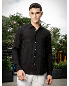 Black Regular Fit Long Sleeves Cutaway Collar Embroidered Shirt