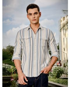 White Slim Fit Long Sleeve Multi Stripes Cotton Casual Shirt