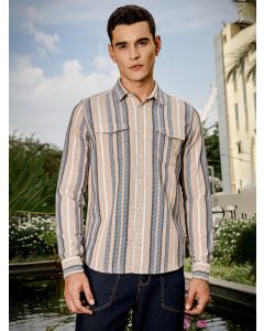Beige Slim Fit Long Sleeve Multi Stripes Cotton Casual Shirt