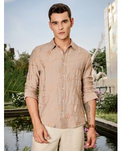 Beige Regular Fit Long Sleeves Cutaway Collar Embroidered Shirt