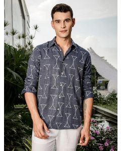 Navy Slim Fit Long Sleeve Geometric Print Casual Shirt