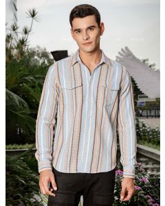 Sky Blue Slim Fit Long Sleeve Multi Stripes Cotton Casual Shirt