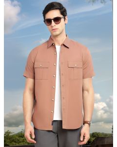 Brown Cricket Club Collection Slim Fit Short Sleeve Spread Collar 2 Flap Pockets Solid Design Cotton Twill Casual Shirt