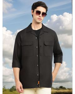 Black Cricket Club Collection Oversized Fit Long Sleeves Camp Collar Cotton Linen Twill Shacket with 2 Flap Pockets
