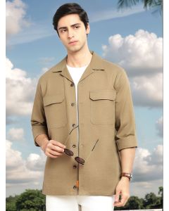 Khaki Cricket Club Collection Oversized Fit Long Sleeves Camp Collar Cotton Linen Twill Shacket with 2 Flap Pockets