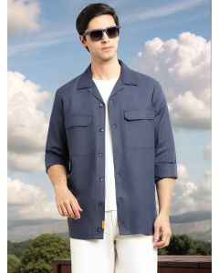 Navy Cricket Club Collection Oversized Fit Long Sleeves Camp Collar Cotton Linen Twill Shacket with 2 Flap Pockets