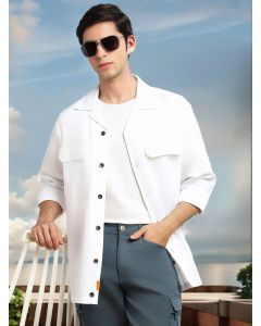 White Cricket Club Collection Oversized Fit Long Sleeves Camp Collar Cotton Linen Twill Shacket with 2 Flap Pockets