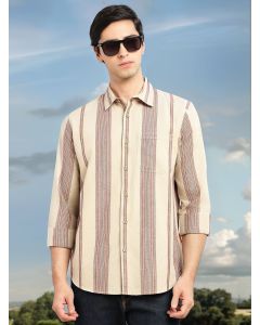 Beige Cricket Club Collection Men's Striped Cotton Linen Shirt-Slim Fit, Long Sleeve, Spread Collar Casual Wear