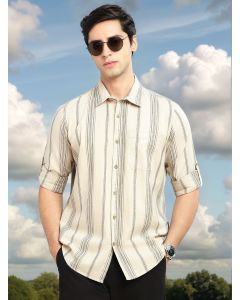 Peach Cricket Club Collection Slim Fit Cotton Linen Classic Striped Casual Wear Shirt for Men