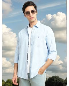 Blue Cricket Club Collection Slim Fit 100% Cotton Oxford Shirt with Vertical Stripes & Spread Collar