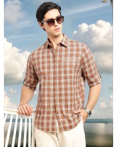 Brown Slim Fit Tartan Checks Cotton Linen Casual Shirt-Cricket Club Collection, Roll-Up Sleeves & Spread Collar