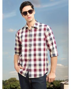 Wine Cricket Club Collection Slim Fit Long Sleeves Shepherd Check Spread Collar Cotton Linen Casual Shirt