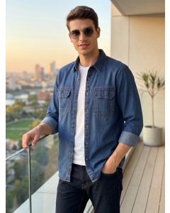 Navy Cricket Club Collection Regular Fit Long Sleeves Spread Collar 100% Cotton Denim Casual Shirt