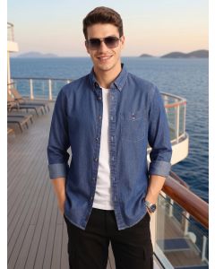 Navy Cricket Club Collection Button-Down Collar Long Sleeves Dark Shade Regular Fit 100% Cotton Denim Shirt