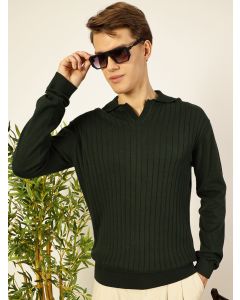 Bottle Green Regular Fit Long Sleeves Textured Tshirt