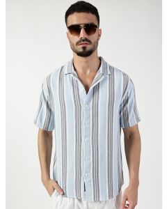 Sky Blue Slim Fit Short Sleeves Striped Shirt