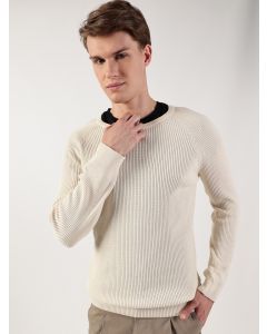 White Ribbed Self Design Round Neck Cotton Pullover Ribbed Sweater