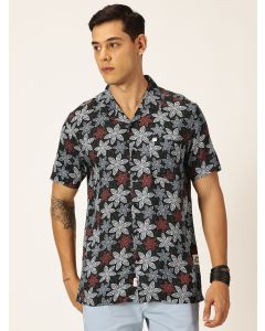 Navy Blue Regular Fit Short Sleeves Printed Shirt
