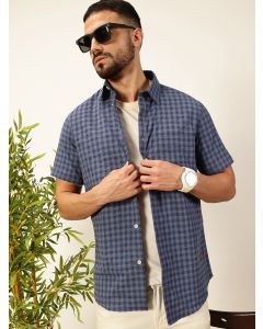 Navy Blue Regular Fit Short Sleeves Checked Shirt