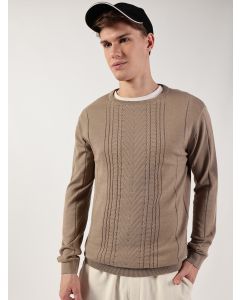 Khaki Round Neck Cotton Pullover Ribbed Sweater