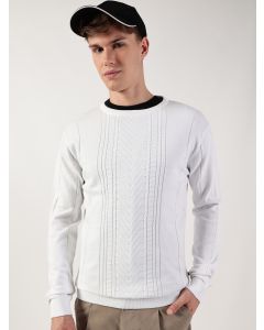 White Round Neck Cotton Pullover Ribbed Sweater