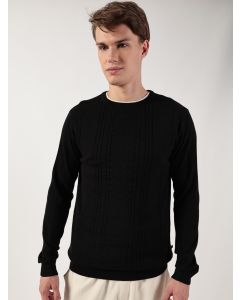 Black Round Neck Cotton Pullover Ribbed Sweater