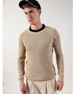 Cream Ribbed Self Design Round Neck Cotton Pullover Ribbed Sweater