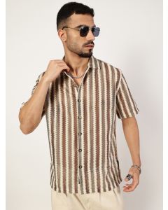 Brown Slim Fit Short Sleeves Striped Shirt